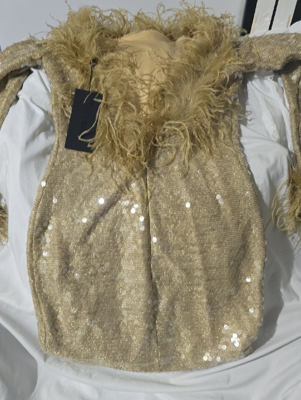 Fashion Nova Gold Sequin Mini Dress with Feather Trim